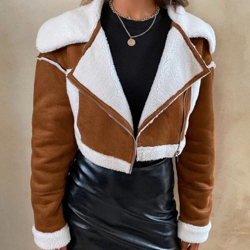 Zip Up Teddy Lined faux-Suede Crop Jacket Coat - Picture 4 of 8